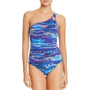 LAUREN RALPH LAUREN Womens One-Shoulder One-Piece Swimsuit Blue Purple 6 NEW